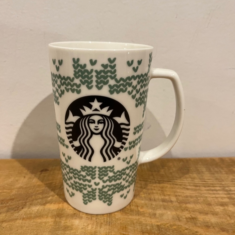 Starbucks Mug Nordic Knit Pattern Tall White Green Christmas 16‎ oz Coffee Cup